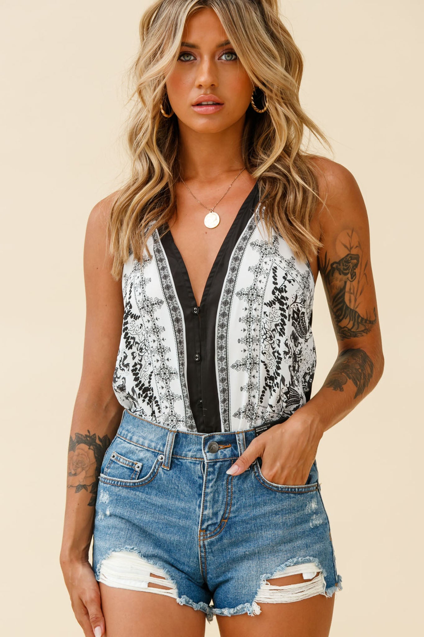 Get Loud Button Front Open Back Bodysuit Paisley Print Black by Selfie Leslie
