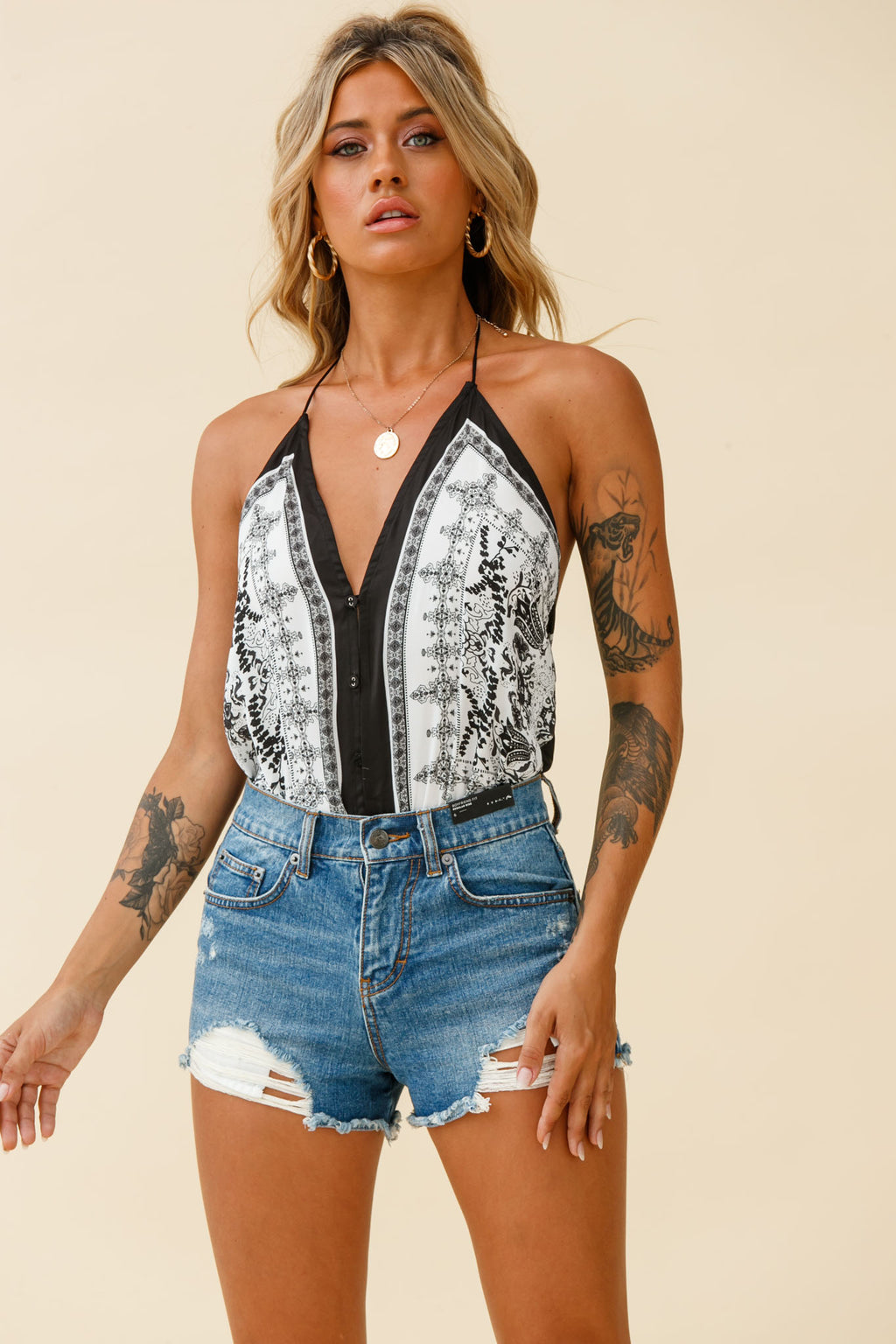 Get Loud Button Front Open Back Bodysuit Paisley Print Black by Selfie Leslie