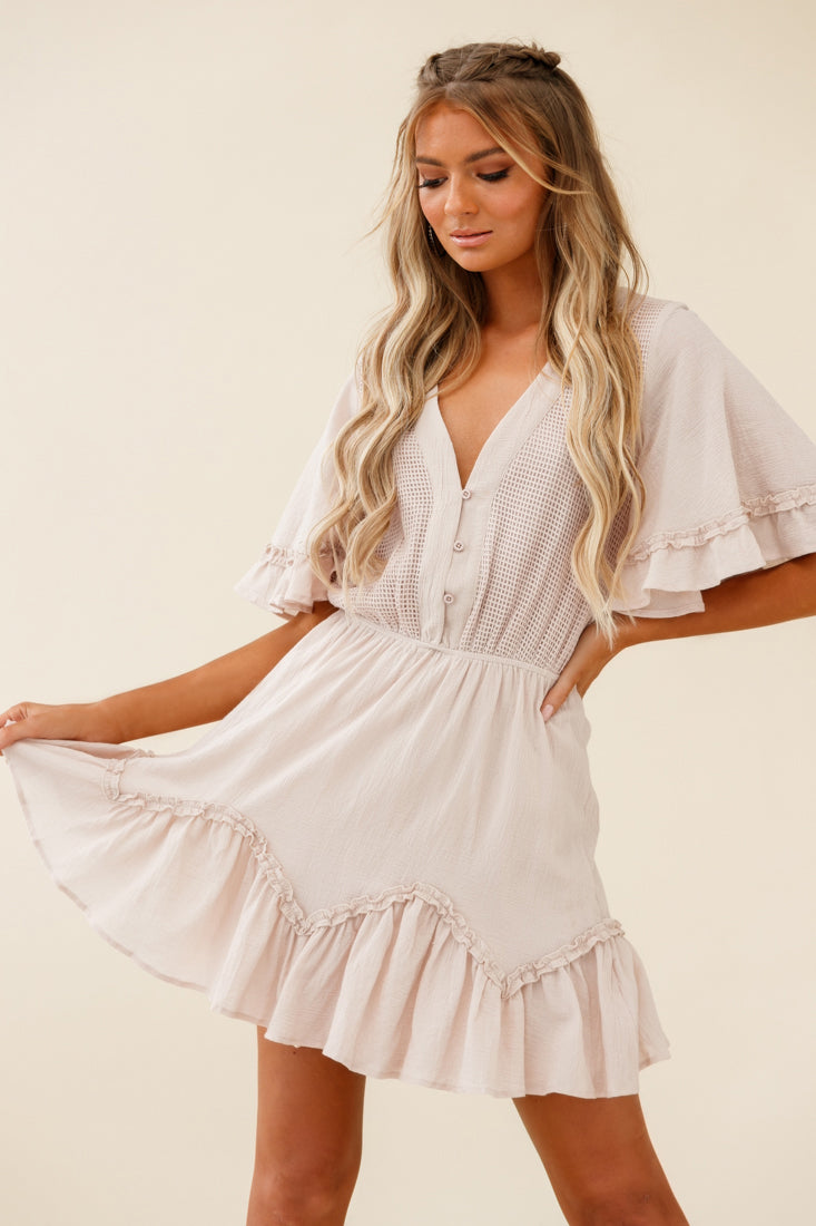 Play It Again Bust Placket Mesh Detail Dress Beige by Selfie Leslie
