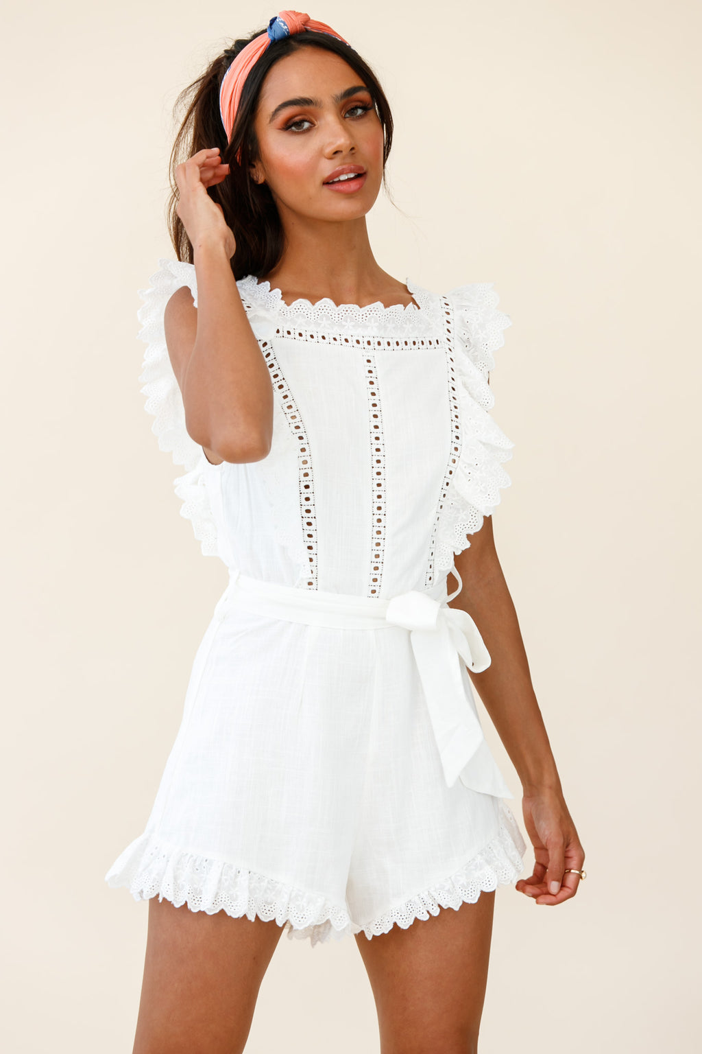 Meadow Ruffle Trim Waist Tie Romper White by Selfie Leslie