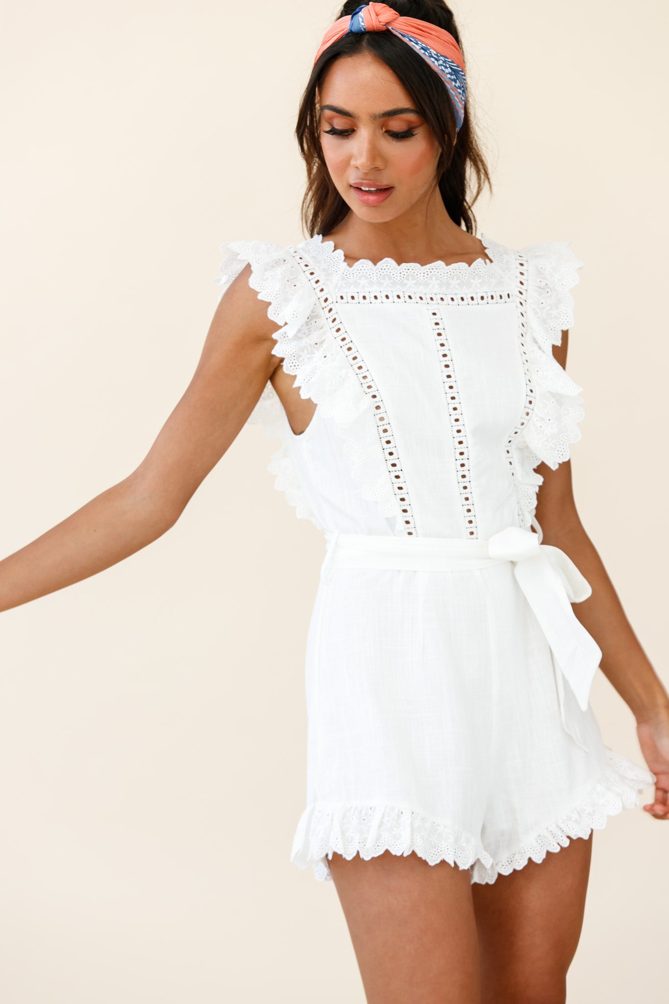 Meadow Ruffle Trim Waist Tie Romper White by Selfie Leslie