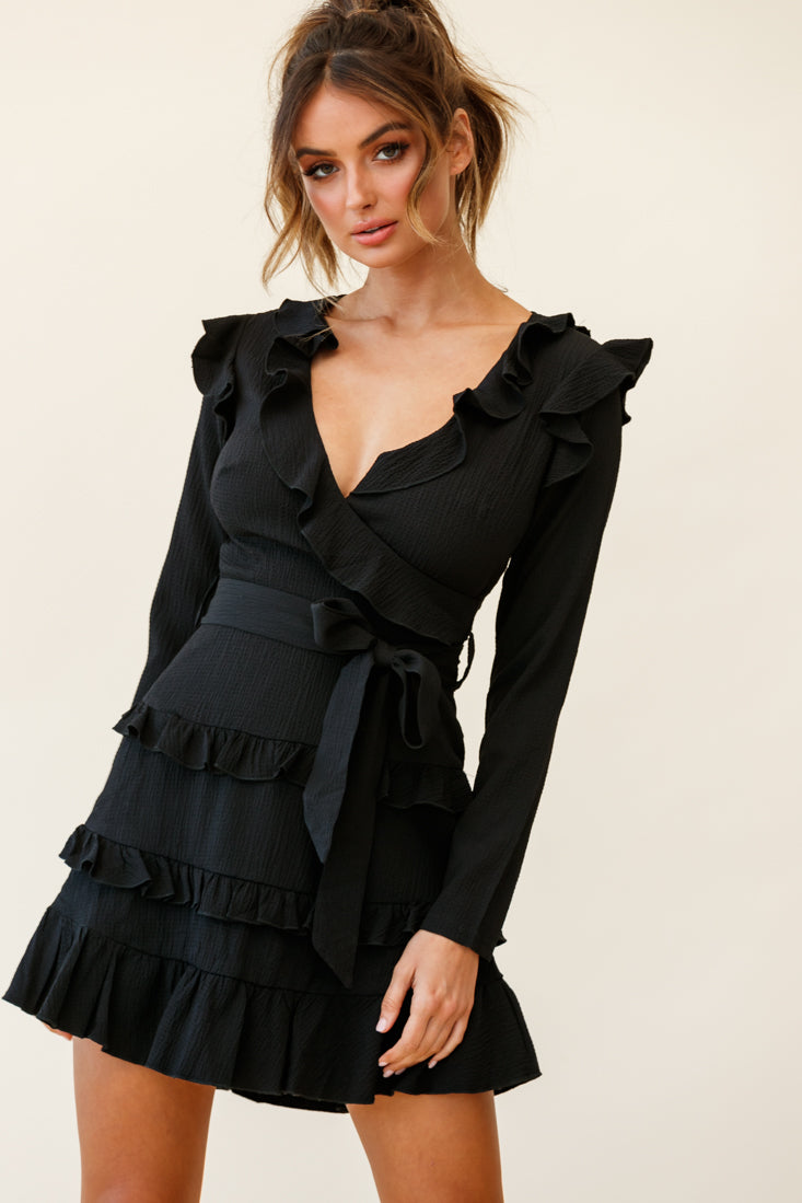 Jemirah Ruffle-Trimmed Long Sleeve Frill Dress Black by Selfie Leslie