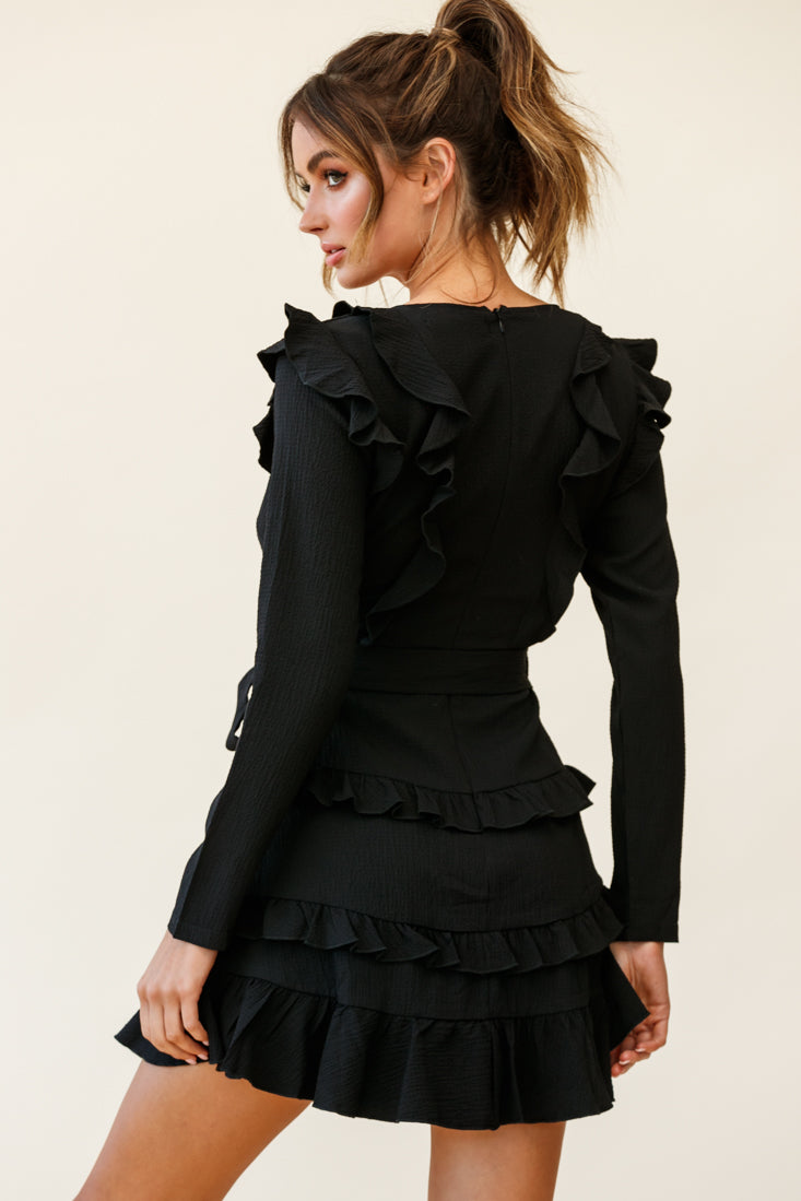 Jemirah Ruffle-Trimmed Long Sleeve Frill Dress Black by Selfie Leslie