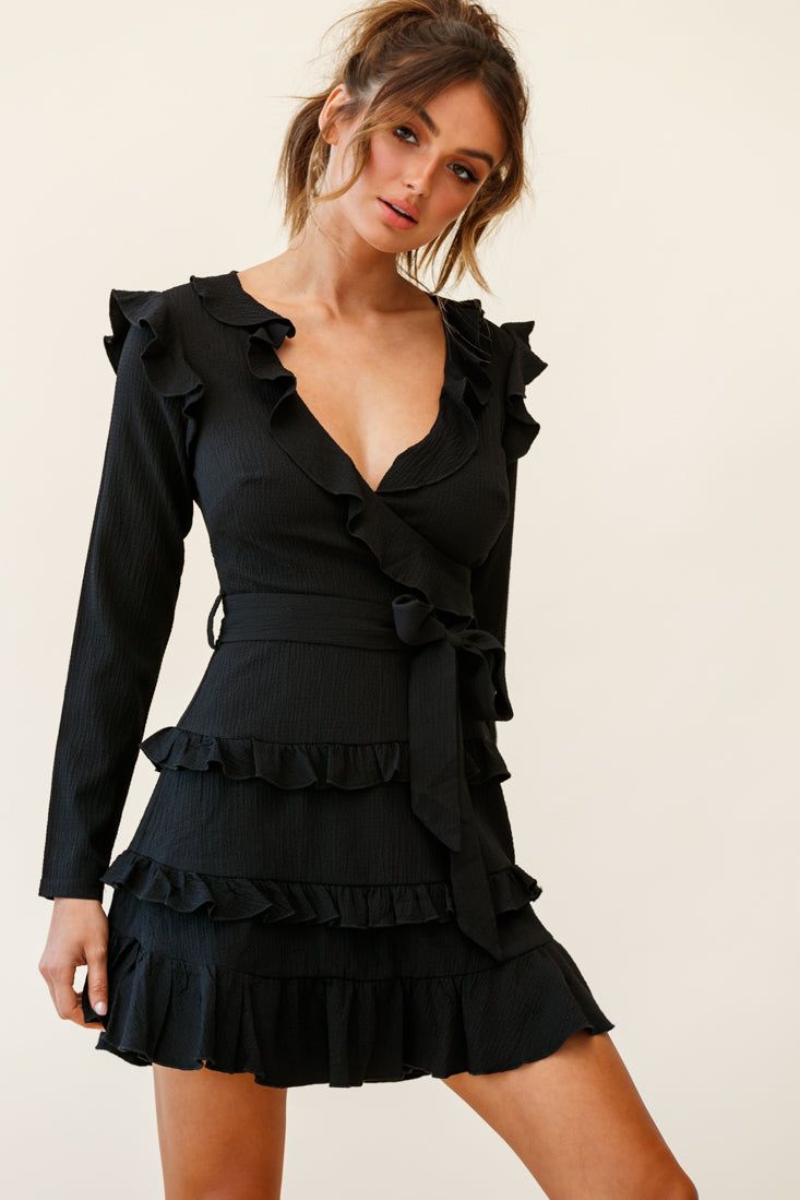 Jemirah Ruffle-Trimmed Long Sleeve Frill Dress Black by Selfie Leslie