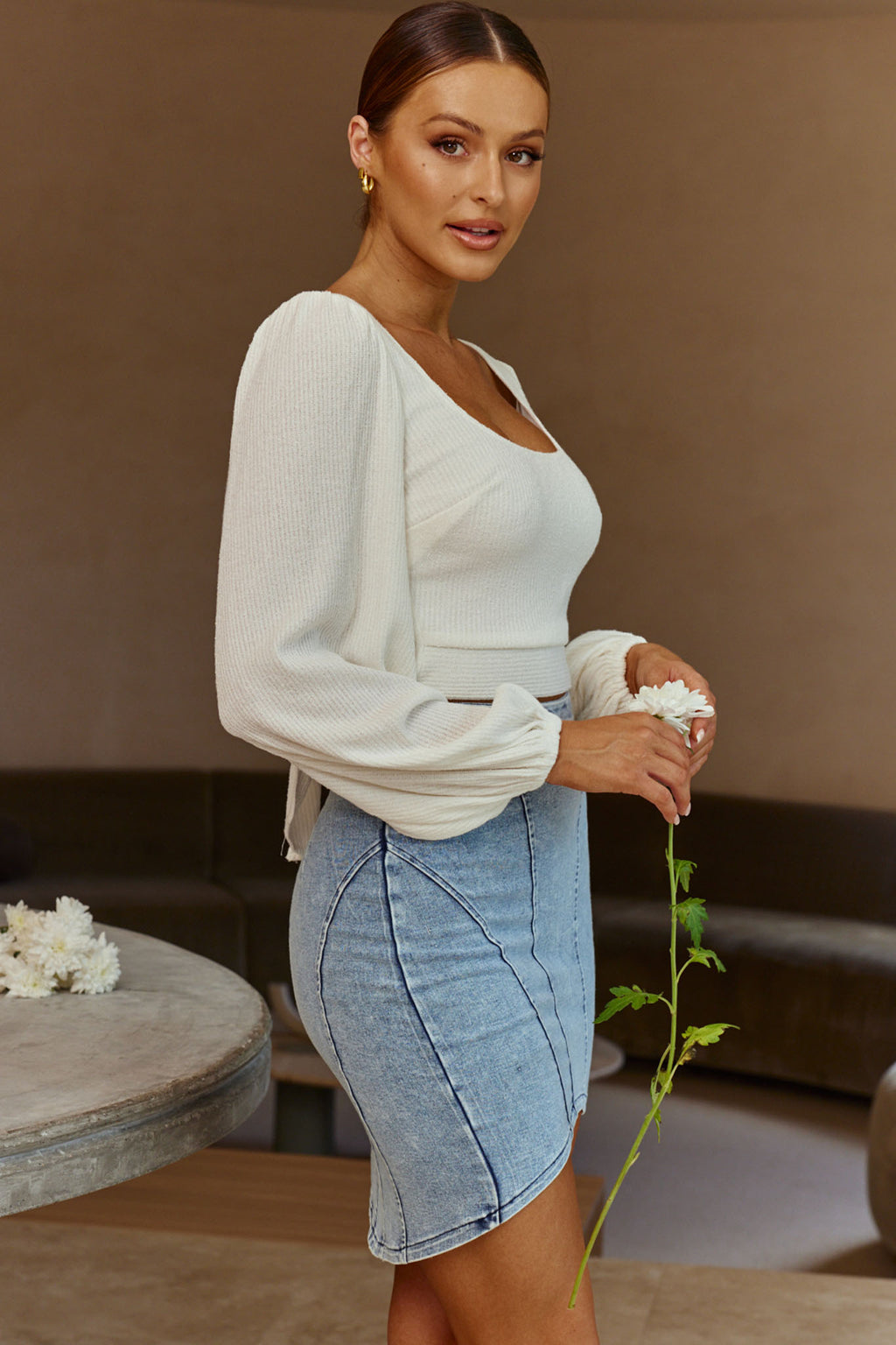 Shalom Structured Body-Con Jean Skirt Washed Blue by Selfie Leslie