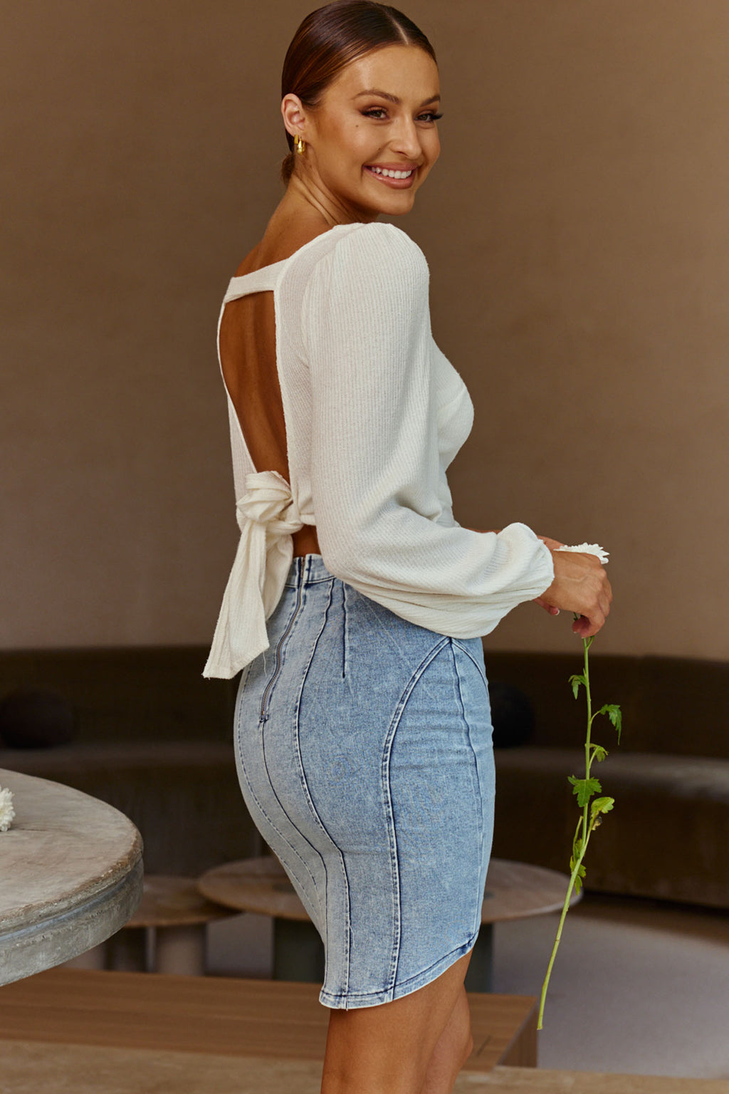 Shalom Structured Body-Con Jean Skirt Washed Blue by Selfie Leslie