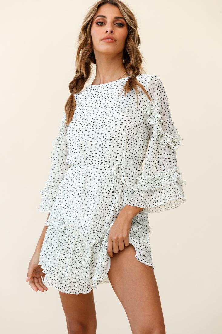 Yours Sincerely Three-Quarter Sleeve Accordion Pleat Dress Speckle Print White by Selfie Leslie
