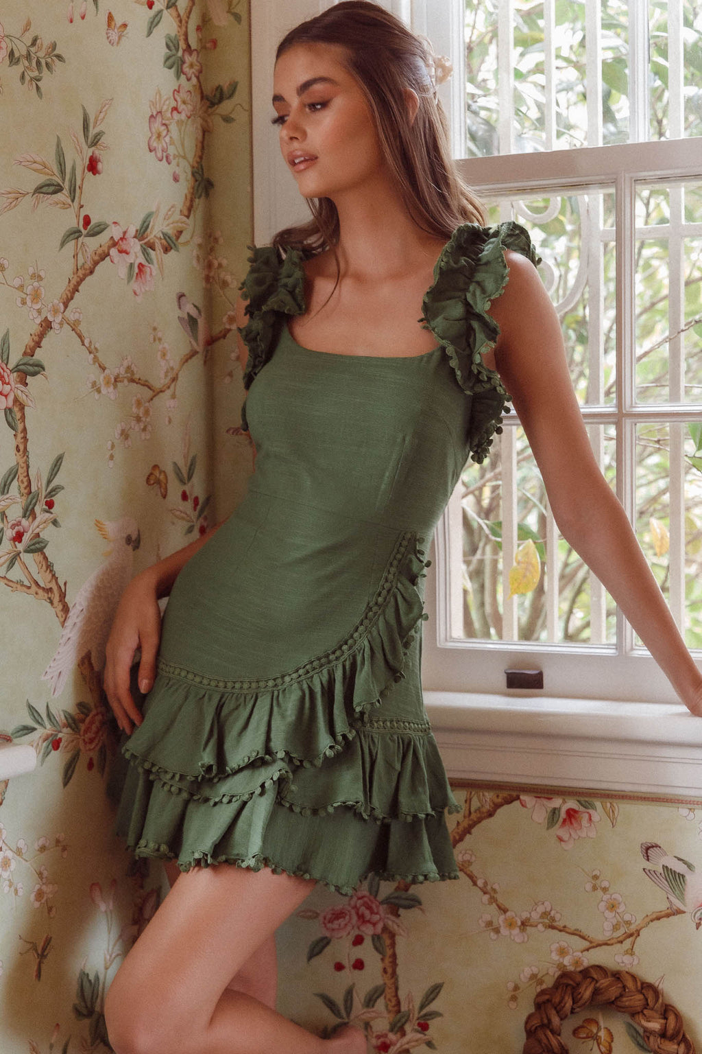 Annie Ruffle Shoulder Strap Layered Hem Mini Dress Green by Selfie Leslie