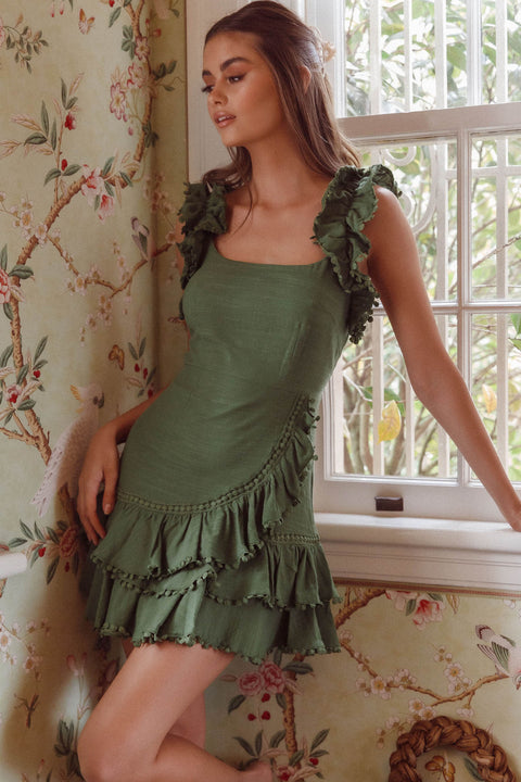annie ruffle shoulder strap mini dress olive Annie Ruffle Shoulder Strap Layered Hem Mini Dress Green