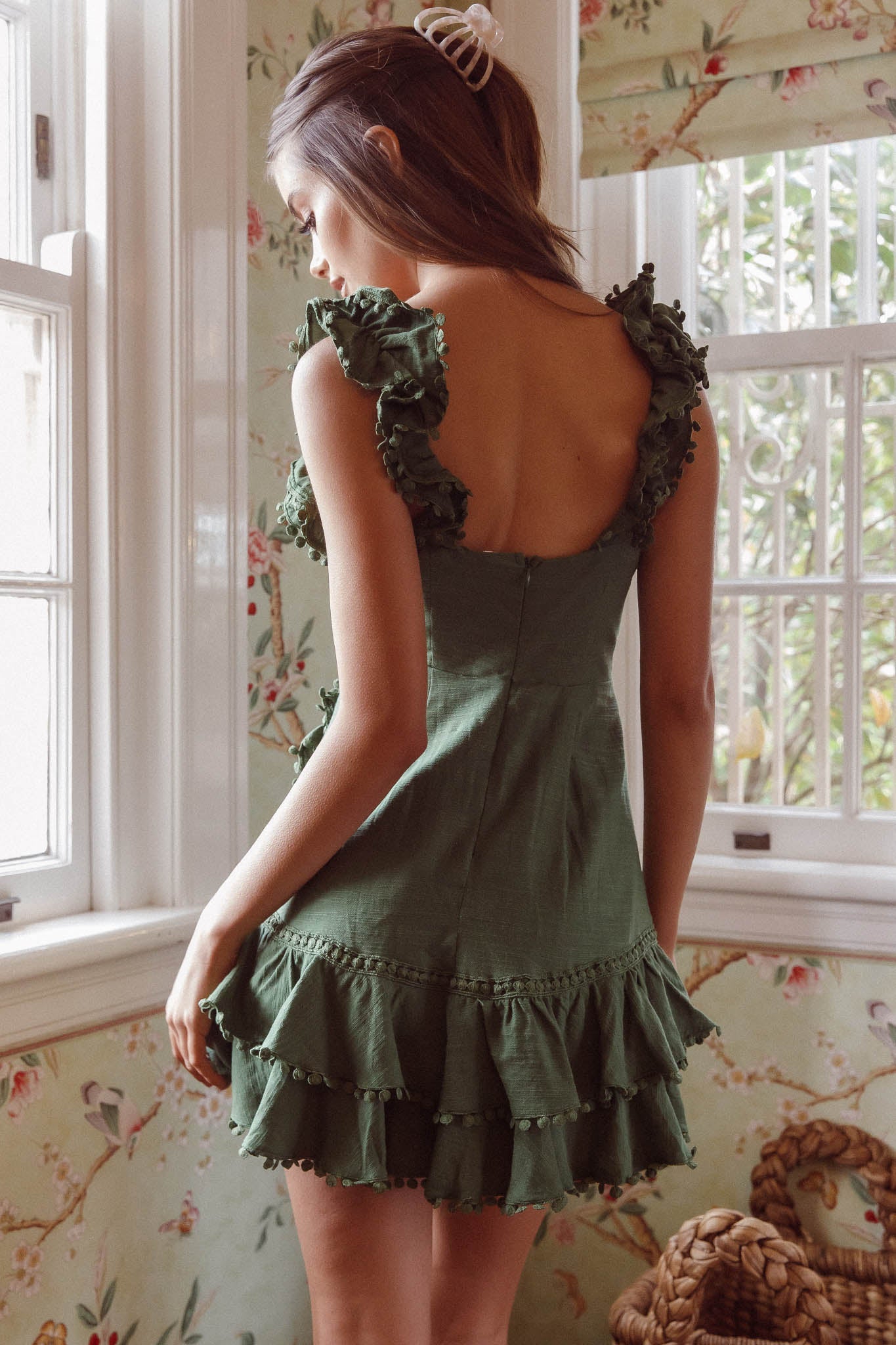 Annie Ruffle Shoulder Strap Layered Hem Mini Dress Green by Selfie Leslie