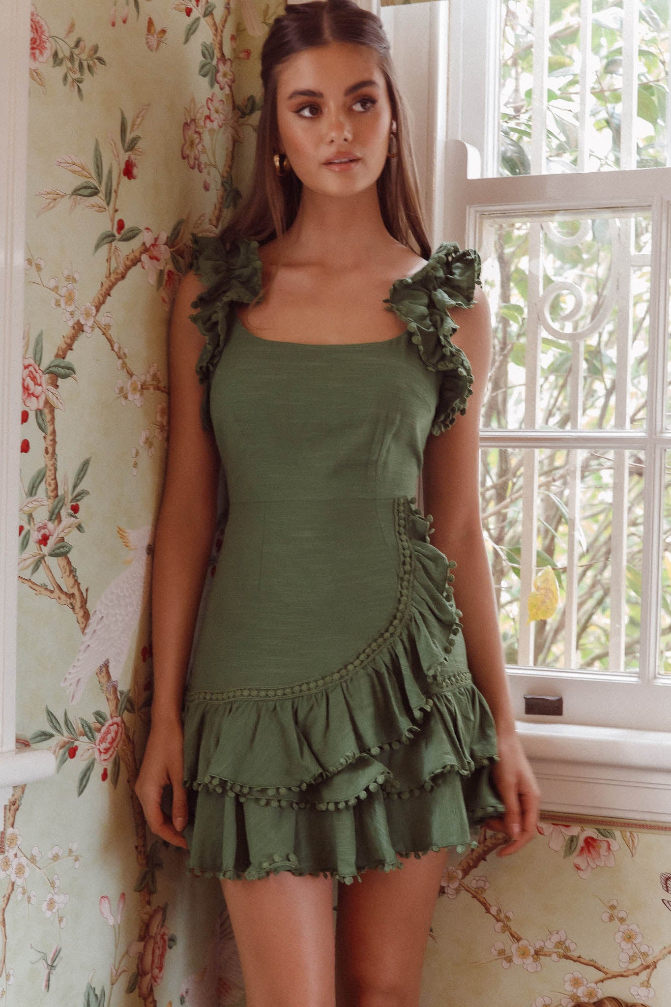 Annie Ruffle Shoulder Strap Layered Hem Mini Dress Green by Selfie Leslie