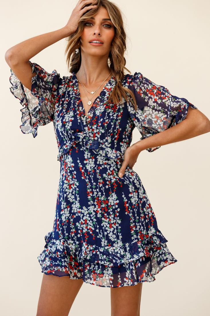 Sincerely V-Neck Double Frill Hem Tea Dress Floral Print Navy by Selfie Leslie