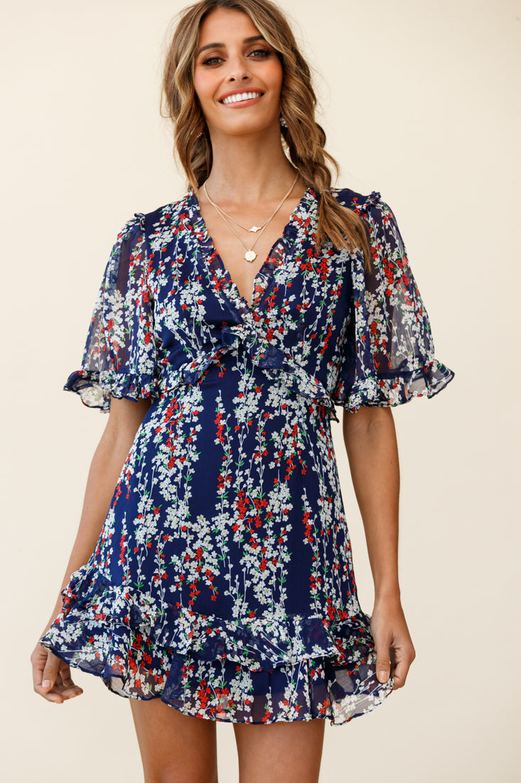 blue floral ruffle tea dress Rihoas Floral Slip Maxi Dress V Neck Ruffle A-Line for Summer Vacation, Romantic Evening, Cocktail Party, Blue / M