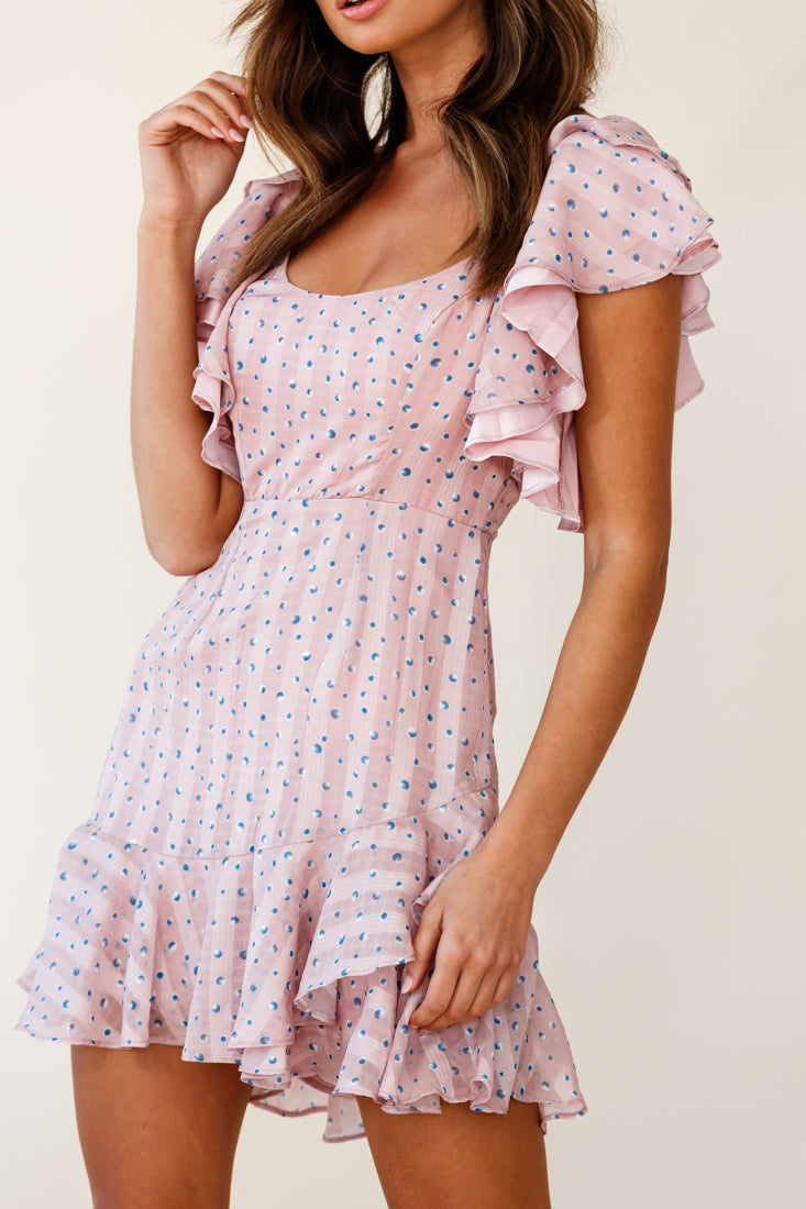 All Or Nothing Flounce Sleeve Lace-Up Back Dress Speckle Print Pink by Selfie Leslie