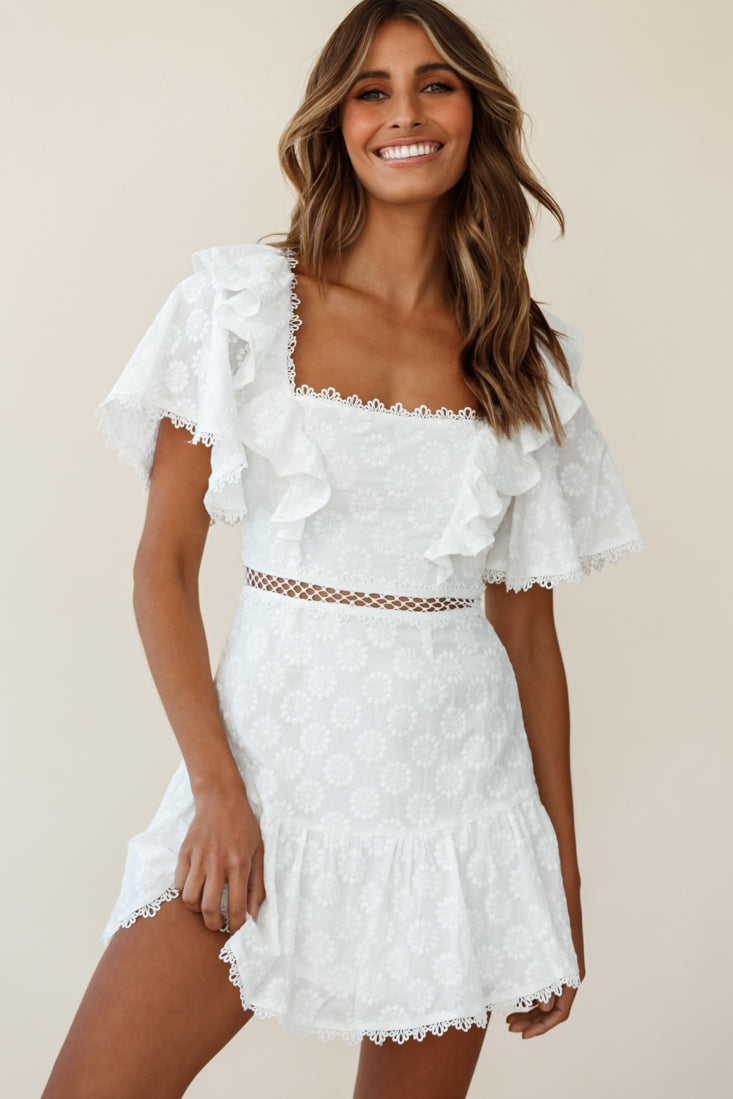 Shop the How Romantic Flounce Sleeve Lace-Up Back Dress Floral Embossed ...