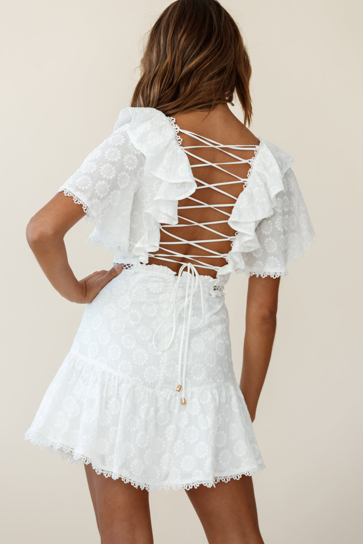 How Romantic Flounce Sleeve Lace-Up Back Dress Floral Embossed White - L How Romantic Flounce Sleeve Lace-Up Back Dress Floral Embossed White - L