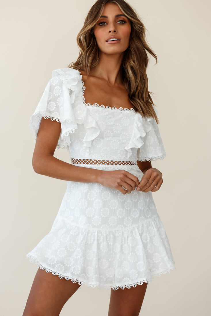 How Romantic Flounce Sleeve Lace-Up Back Dress Floral Embossed White - L How Romantic Flounce Sleeve Lace-Up Back Dress Floral Embossed White - L
