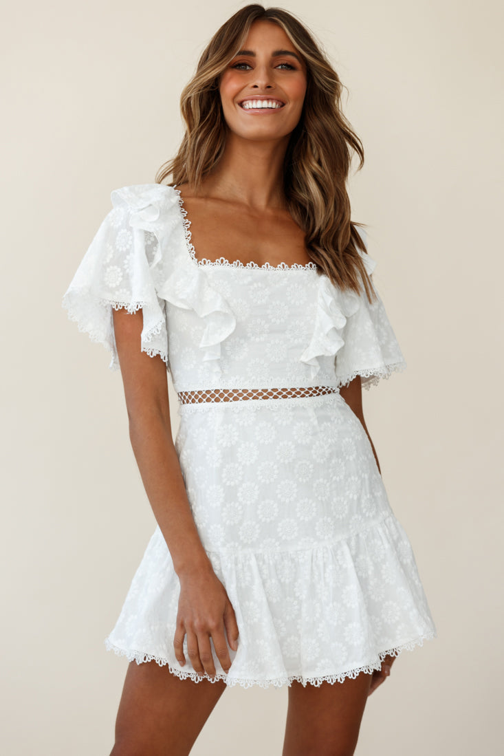 How Romantic Flounce Sleeve Lace-Up Back Dress Floral Embossed White - L How Romantic Flounce Sleeve Lace-Up Back Dress Floral Embossed White - L