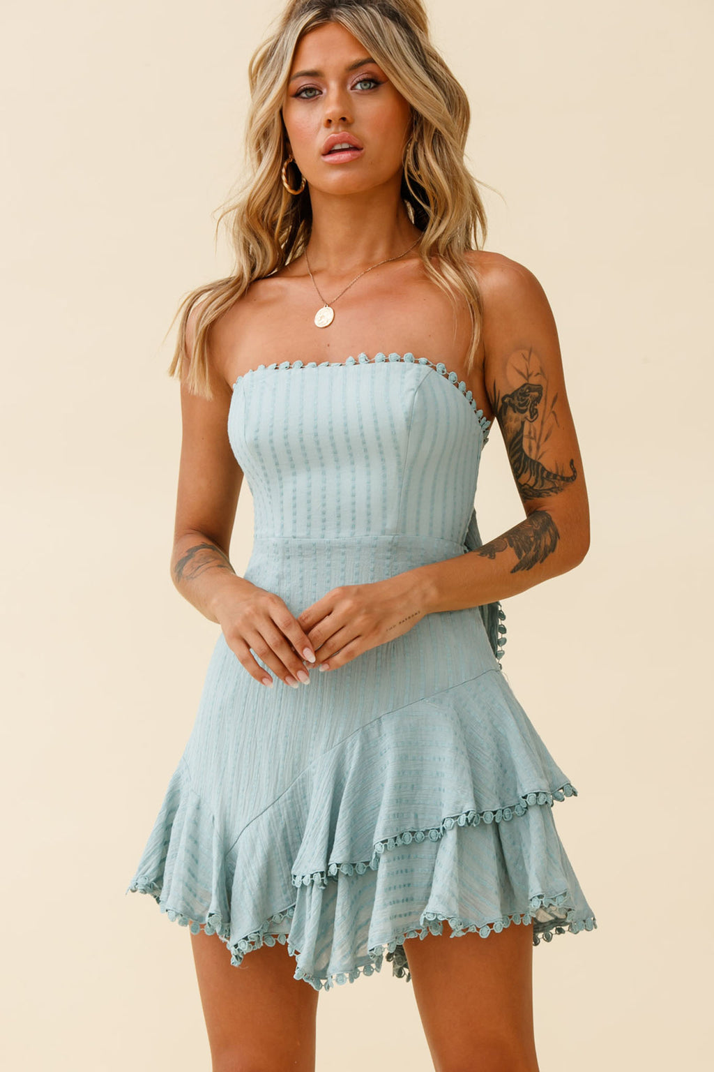 Candy Strapless Layered Ruffle Hem Dress Sage by Selfie Leslie