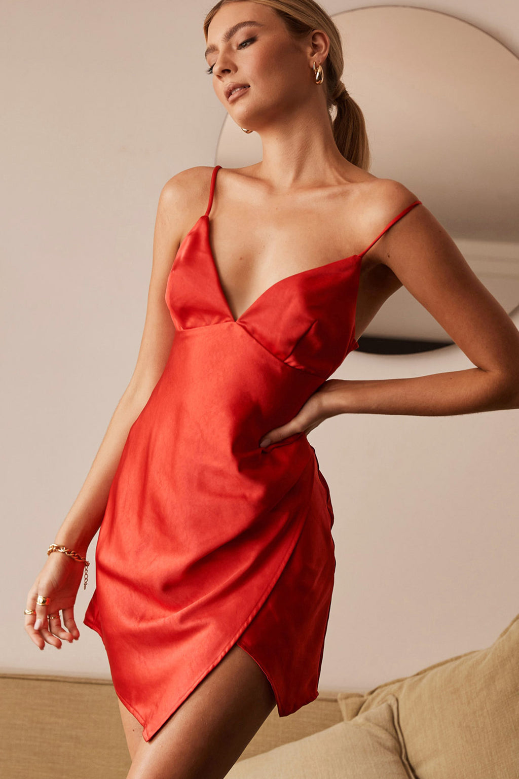 Thank Me Later Cami Strap Asymmetrical Hem Dress Red by Selfie Leslie