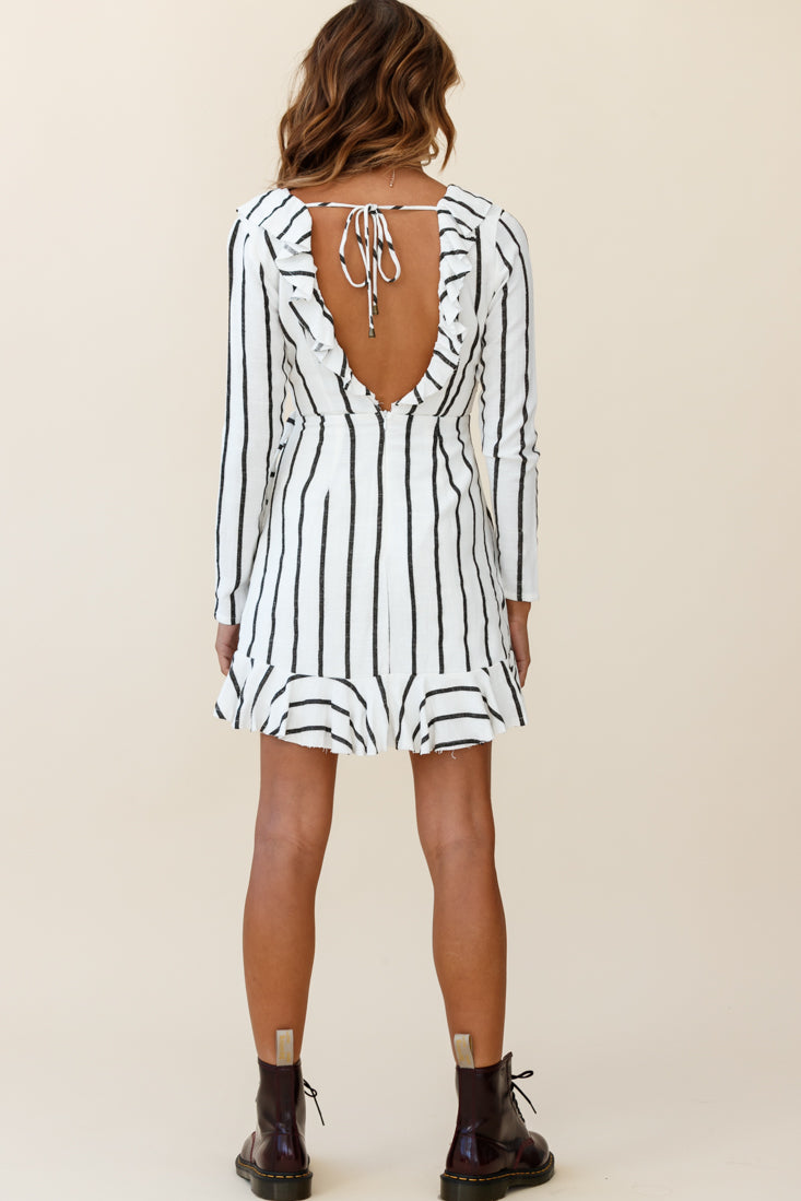 Beatrice Faux Wrap Ruffle Trim Raw Edge Dress White/Black Stripe by Selfie Leslie