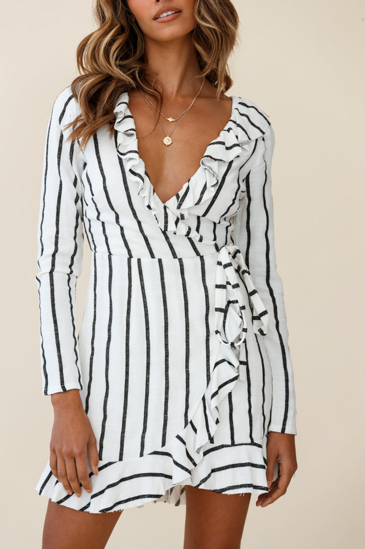 Beatrice Faux Wrap Ruffle Trim Raw Edge Dress White/Black Stripe by Selfie Leslie