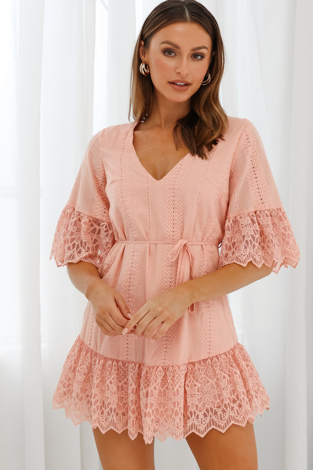 Karissa Lace Trim Waist Tie Tunic Dress Blush by Selfie Leslie