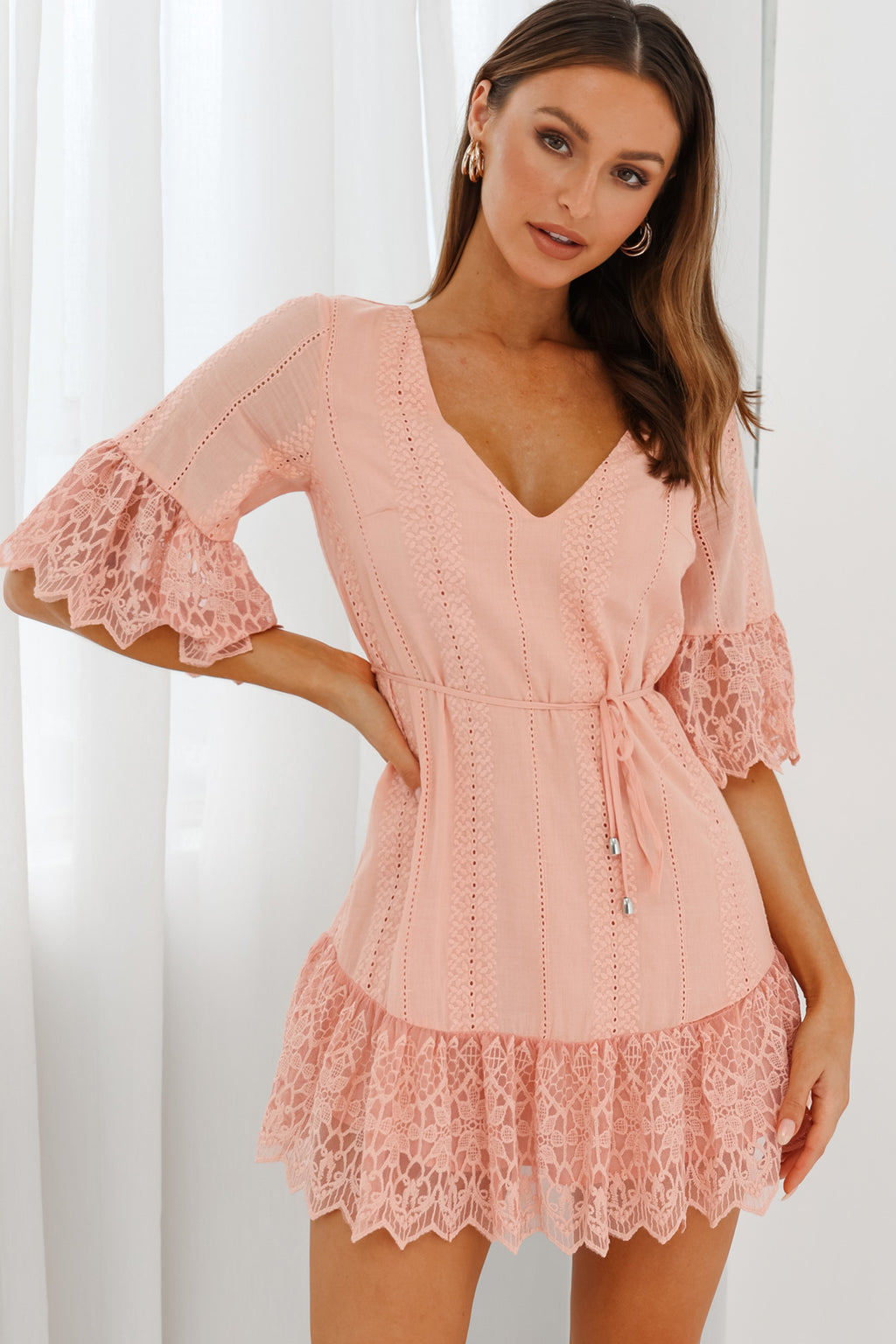 Karissa Lace Trim Waist Tie Tunic Dress Blush by Selfie Leslie