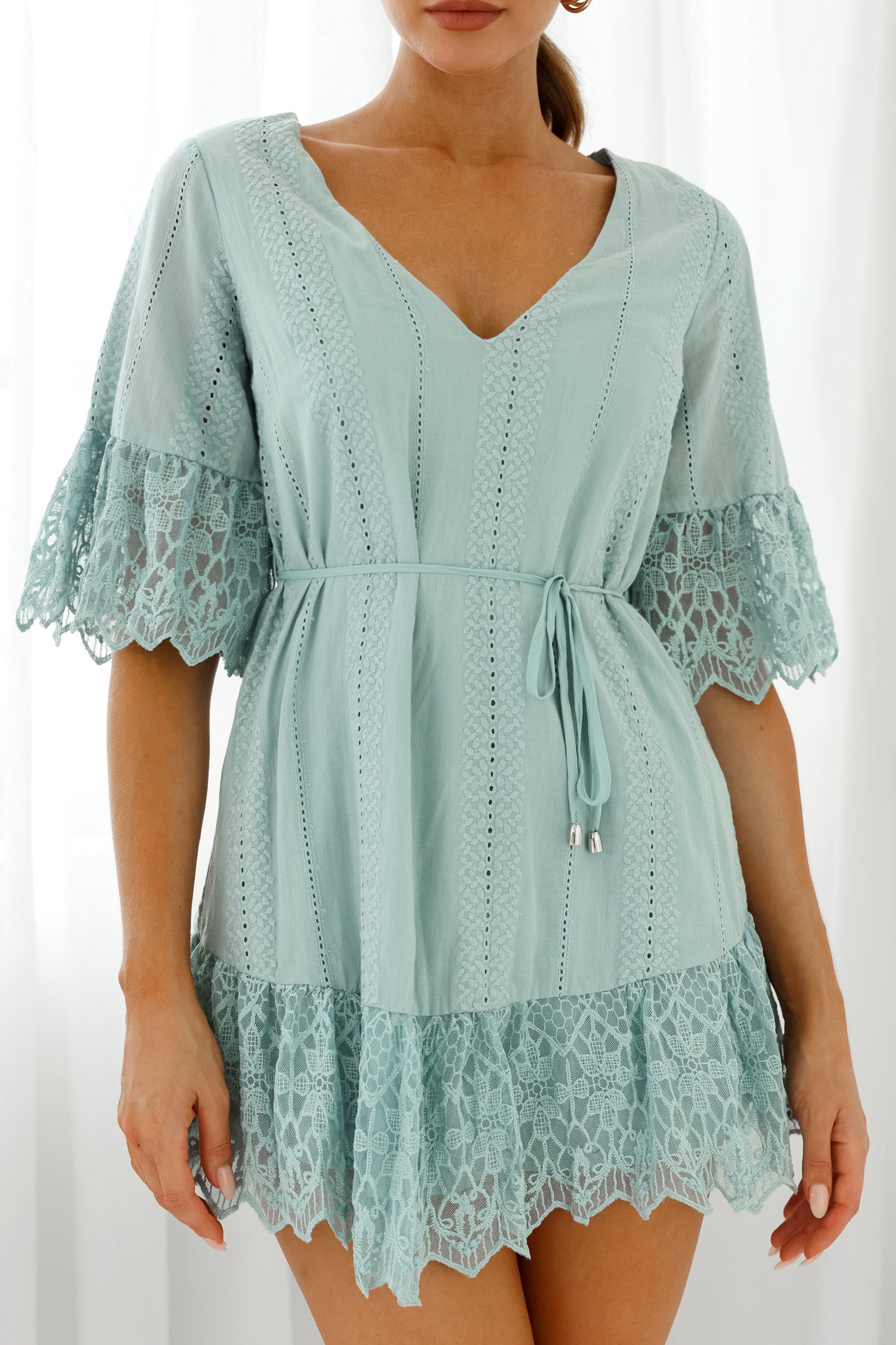 Karissa Lace Trim Waist Tie Tunic Dress Sage by Selfie Leslie