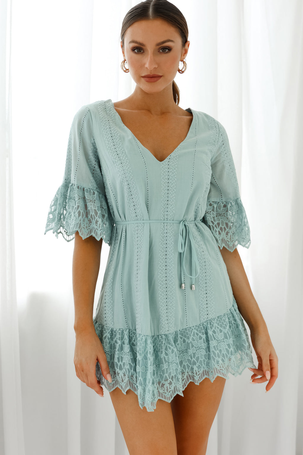 Karissa Lace Trim Waist Tie Tunic Dress Sage by Selfie Leslie