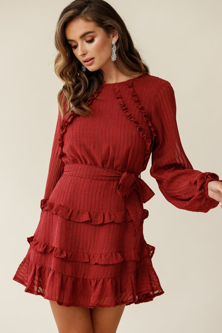 Dusk Long Sleeve Waist Tie Frill Dress Thin Stripe Wine by Selfie Leslie