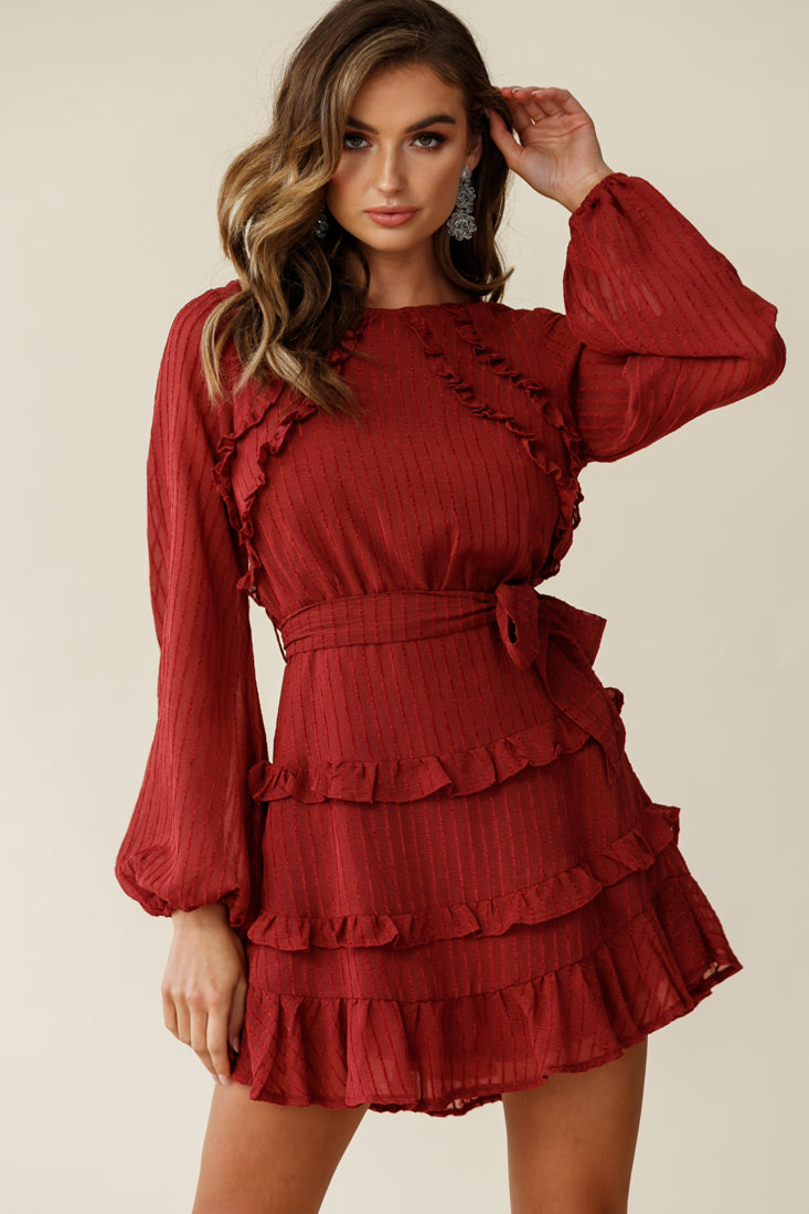 Dusk Long Sleeve Waist Tie Frill Dress Thin Stripe Wine by Selfie Leslie