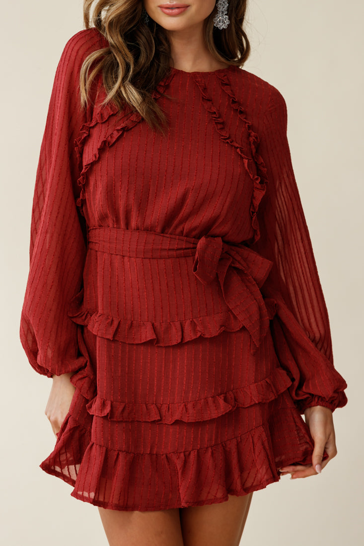 Dusk Long Sleeve Waist Tie Frill Dress Thin Stripe Wine by Selfie Leslie