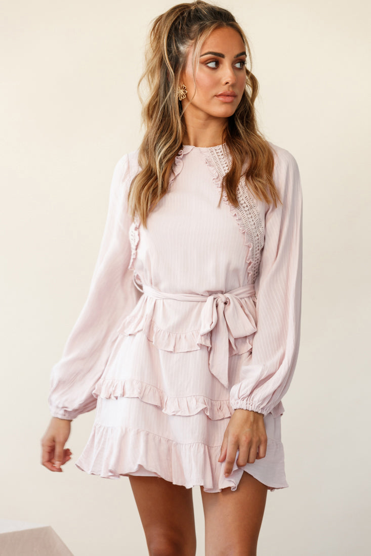 Dusk Long Sleeve Waist Tie Frill Dress Blush by Selfie Leslie
