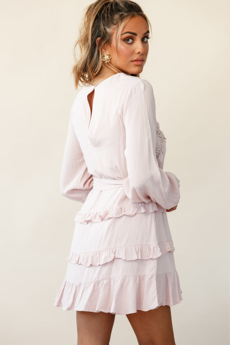 Dusk Long Sleeve Waist Tie Frill Dress Blush by Selfie Leslie