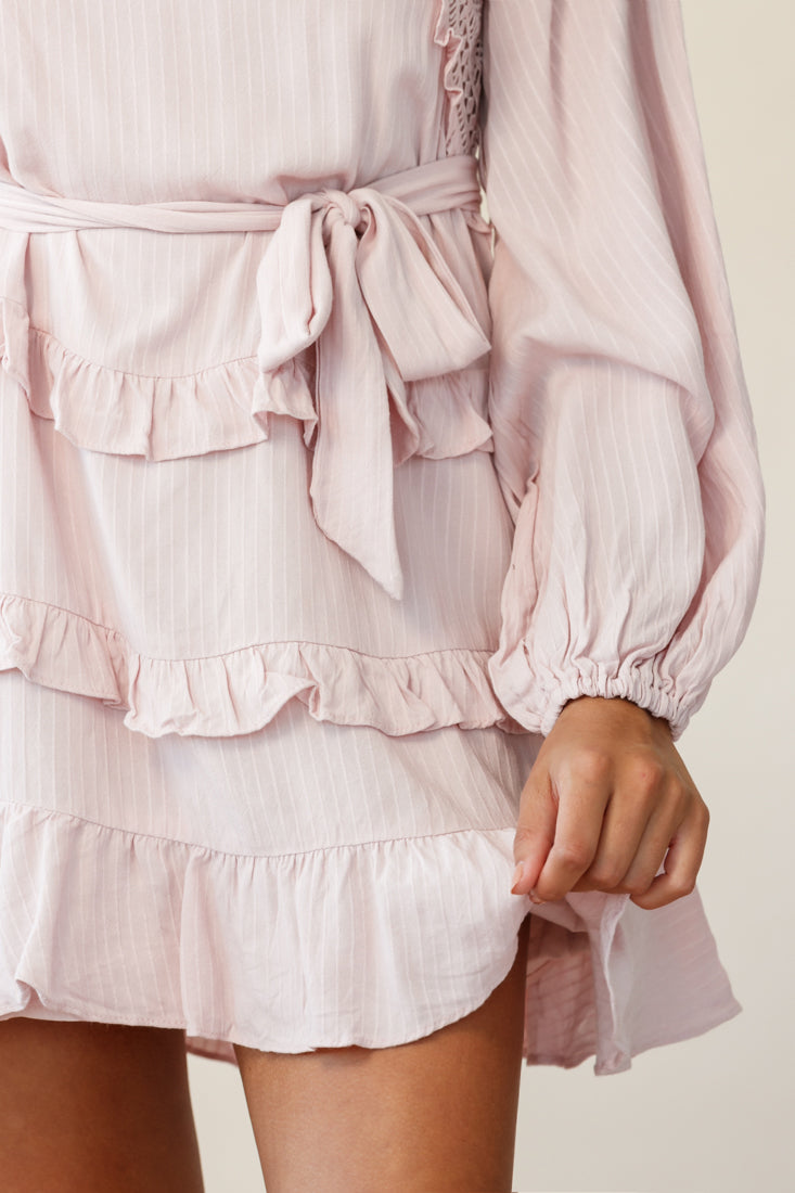 Dusk Long Sleeve Waist Tie Frill Dress Blush by Selfie Leslie