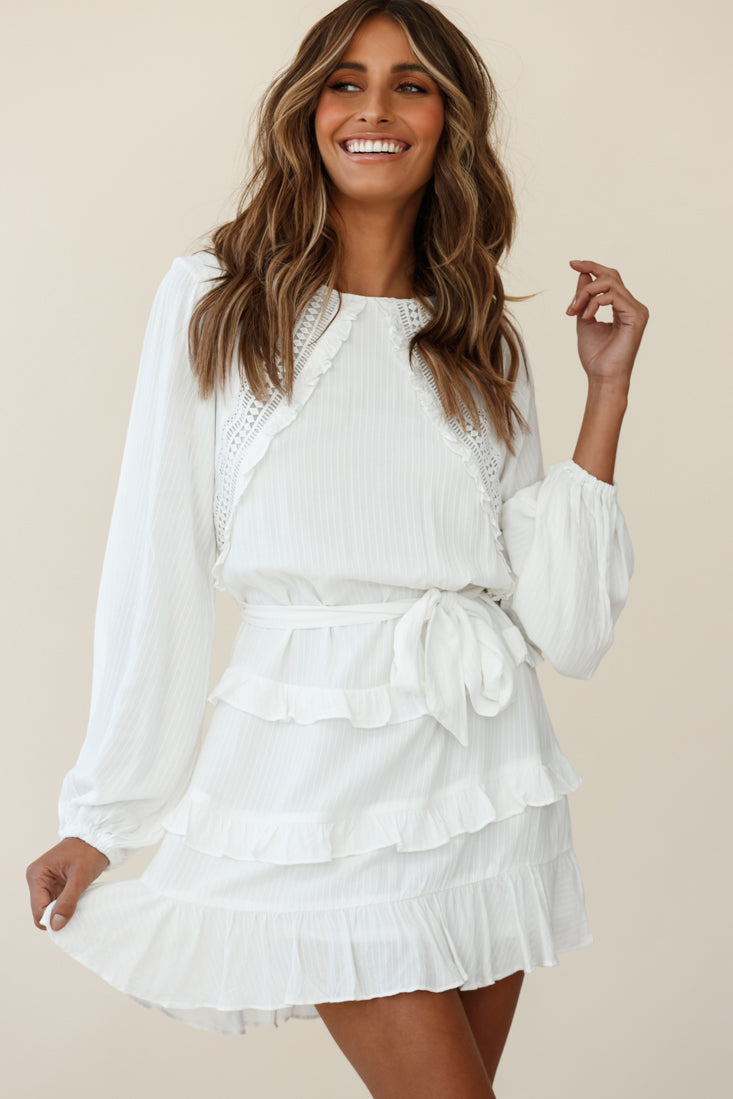 Dusk Long Sleeve Waist Tie Frill Dress Floral Print Beige