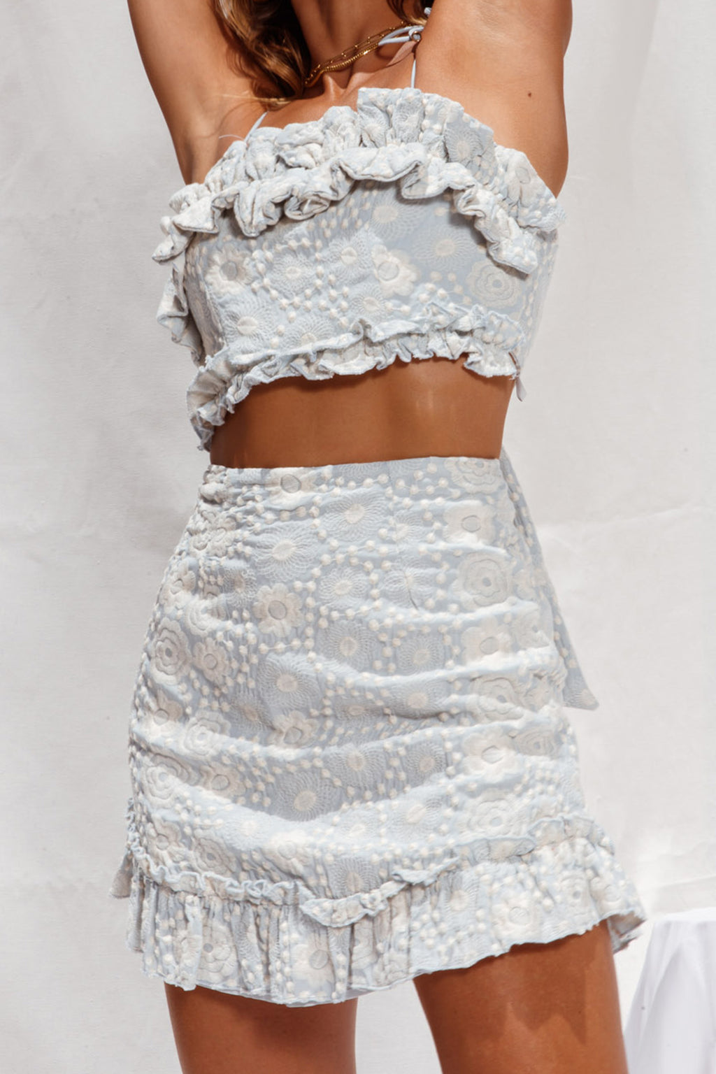 Frill Seeker Tied Back Embroidery Crop Top Blue by Selfie Leslie