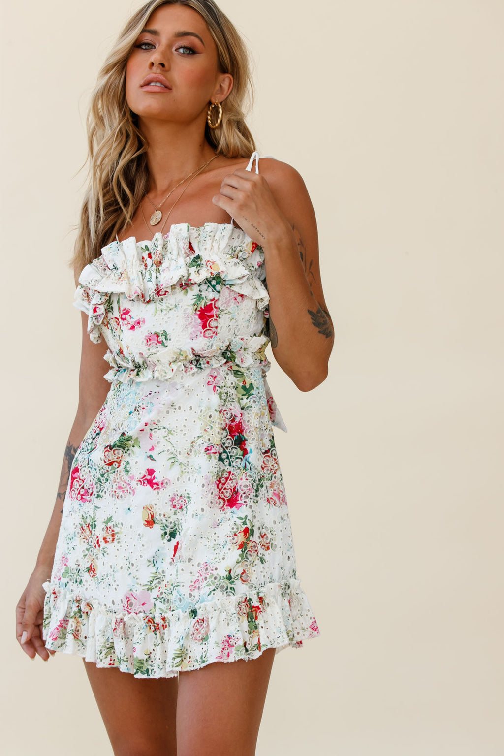 Frill Seeker Eyelet Embroidery Tied Back Dress Floral Print Multi by Selfie Leslie