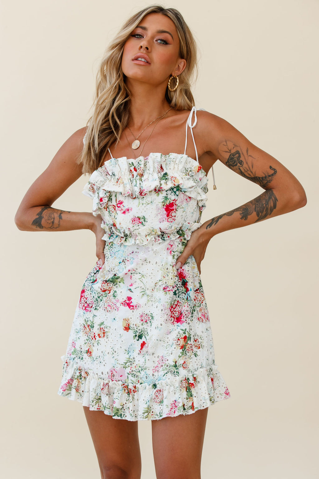 Frill Seeker Eyelet Embroidery Tied Back Dress Floral Print Multi by Selfie Leslie