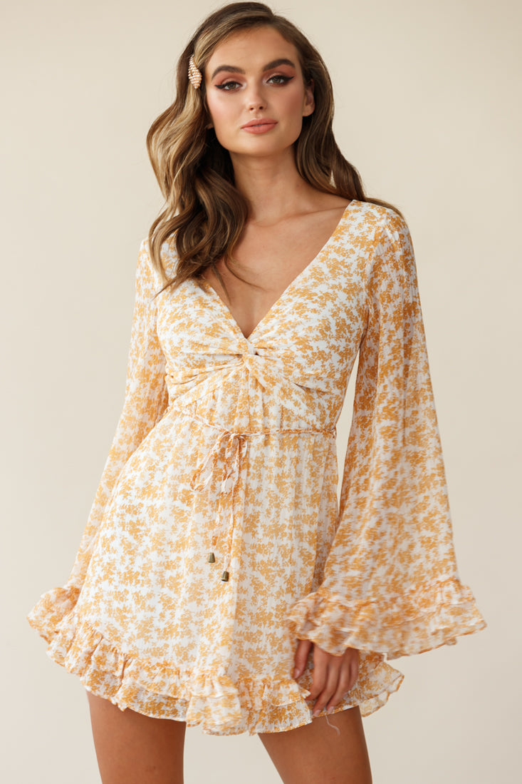 Perri Bell Sleeve Twist Knot Bust Dress Floral Print Yellow by Selfie Leslie