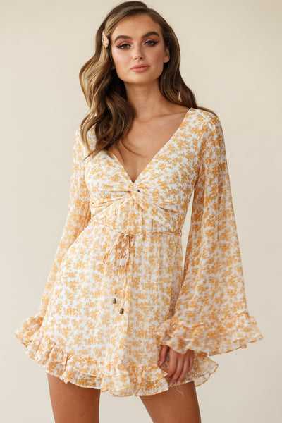 Perri Bell Sleeve Twist Knot Bust Dress Floral Print Yellow– Selfie Leslie