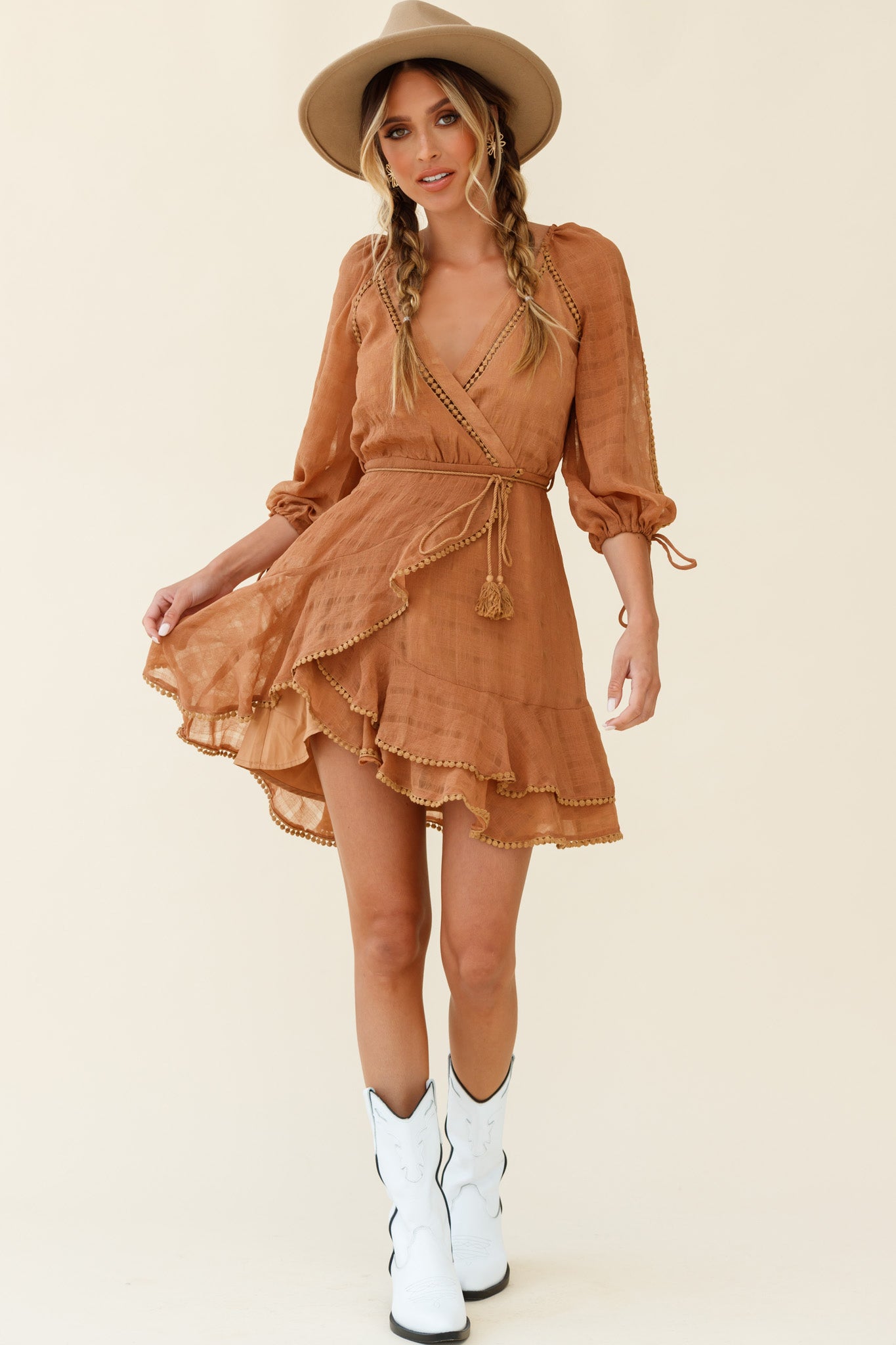 Wilde Balloon Sleeve Crochet Trim Dress Tan by Selfie Leslie