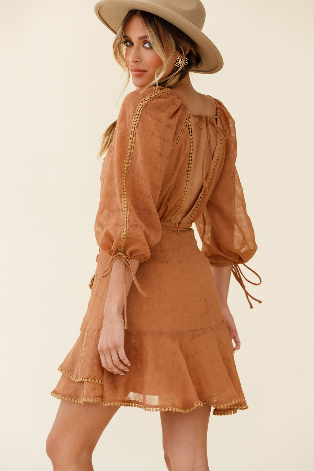 Wilde Balloon Sleeve Crochet Trim Dress Tan by Selfie Leslie