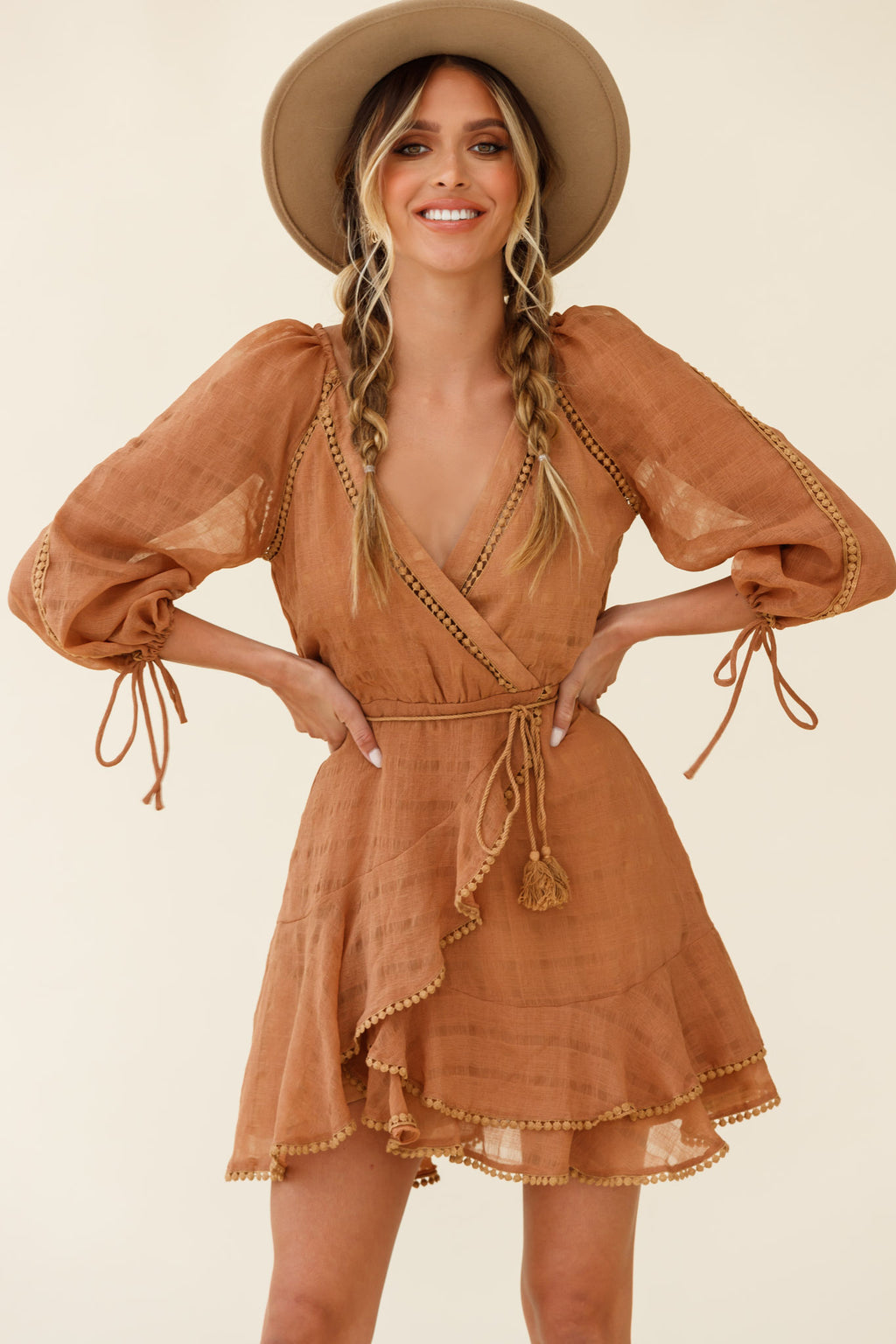 Wilde Balloon Sleeve Crochet Trim Dress Tan by Selfie Leslie