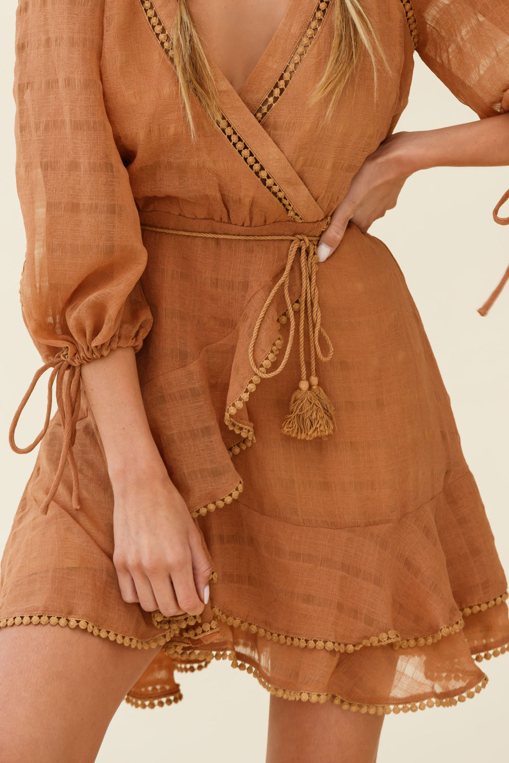 Wilde Balloon Sleeve Crochet Trim Dress Tan by Selfie Leslie