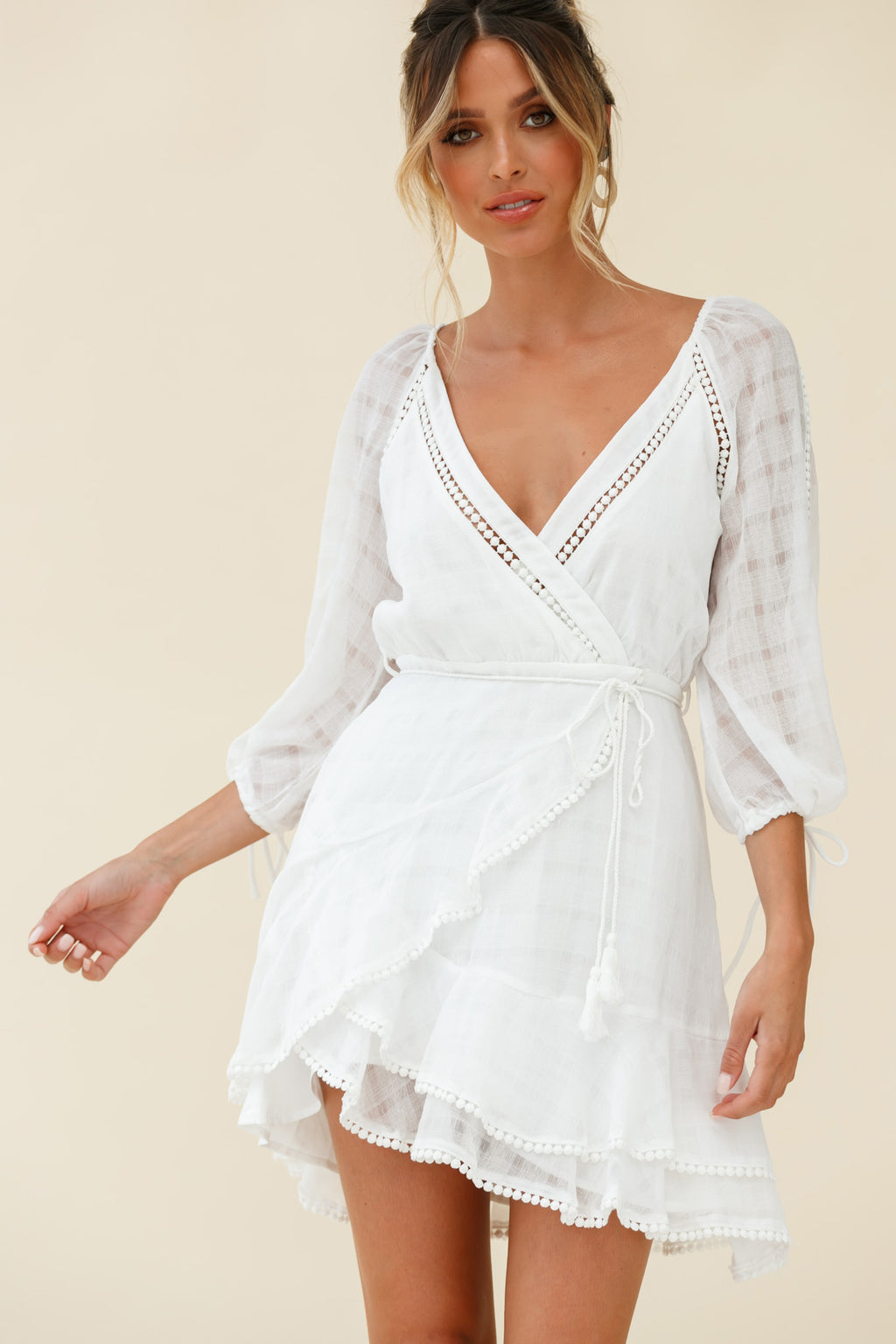 Wilde Balloon Sleeve Crochet Trim Dress White by Selfie Leslie