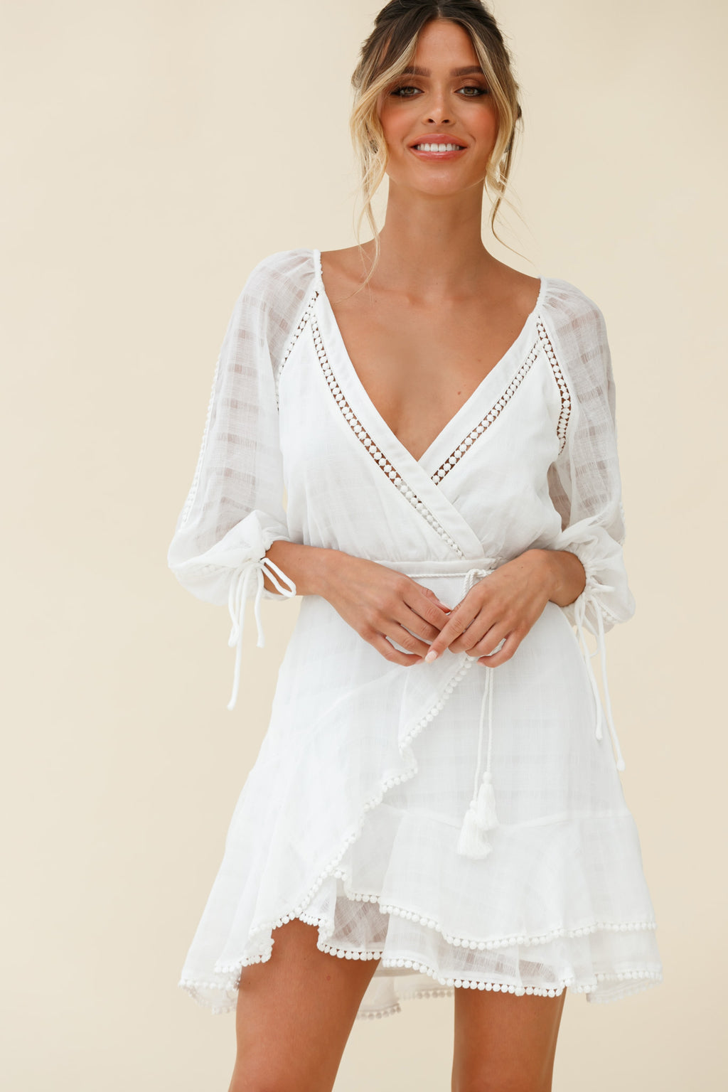 Wilde Balloon Sleeve Crochet Trim Dress White by Selfie Leslie