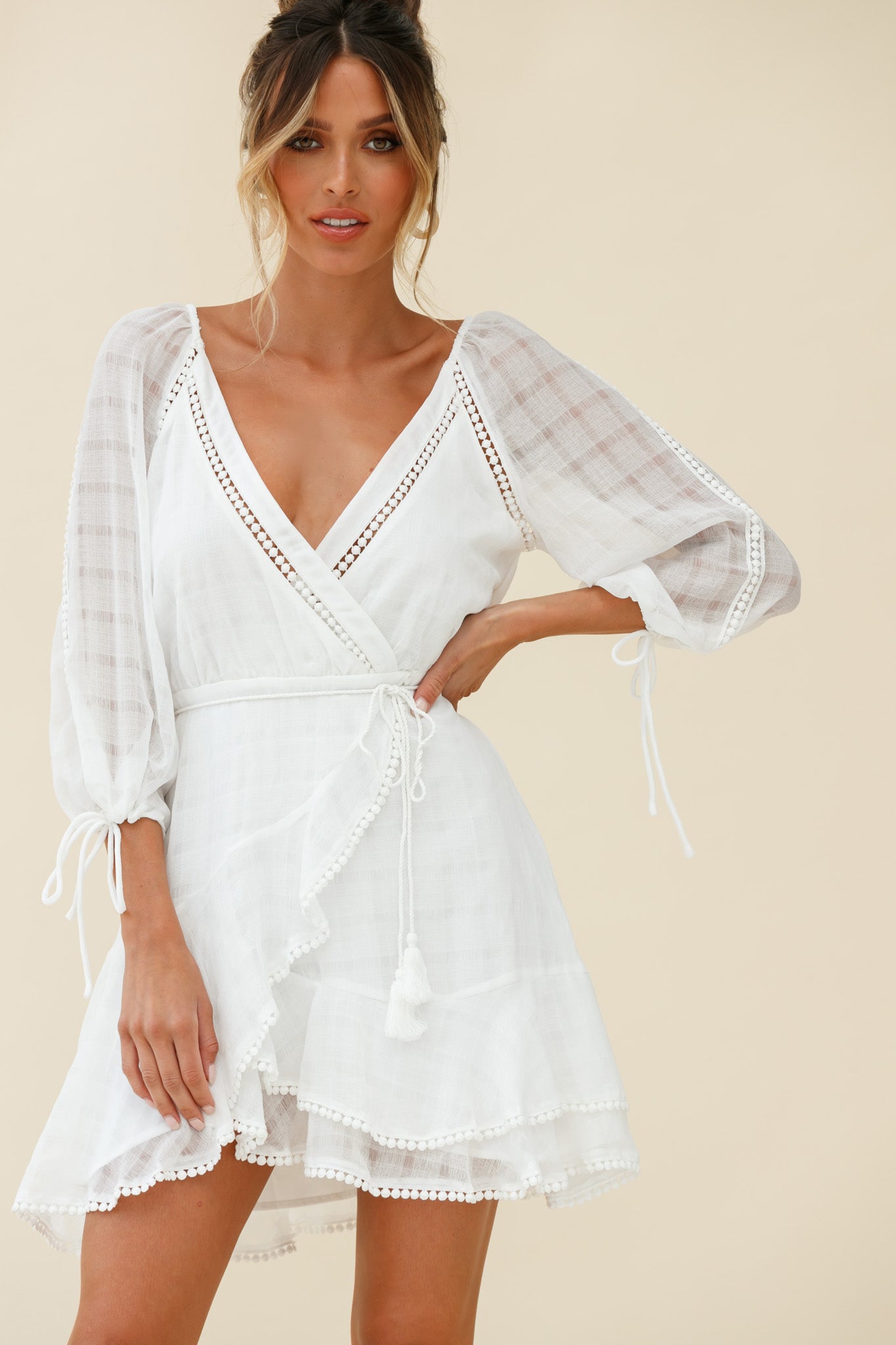 Wilde Balloon Sleeve Crochet Trim Dress White by Selfie Leslie