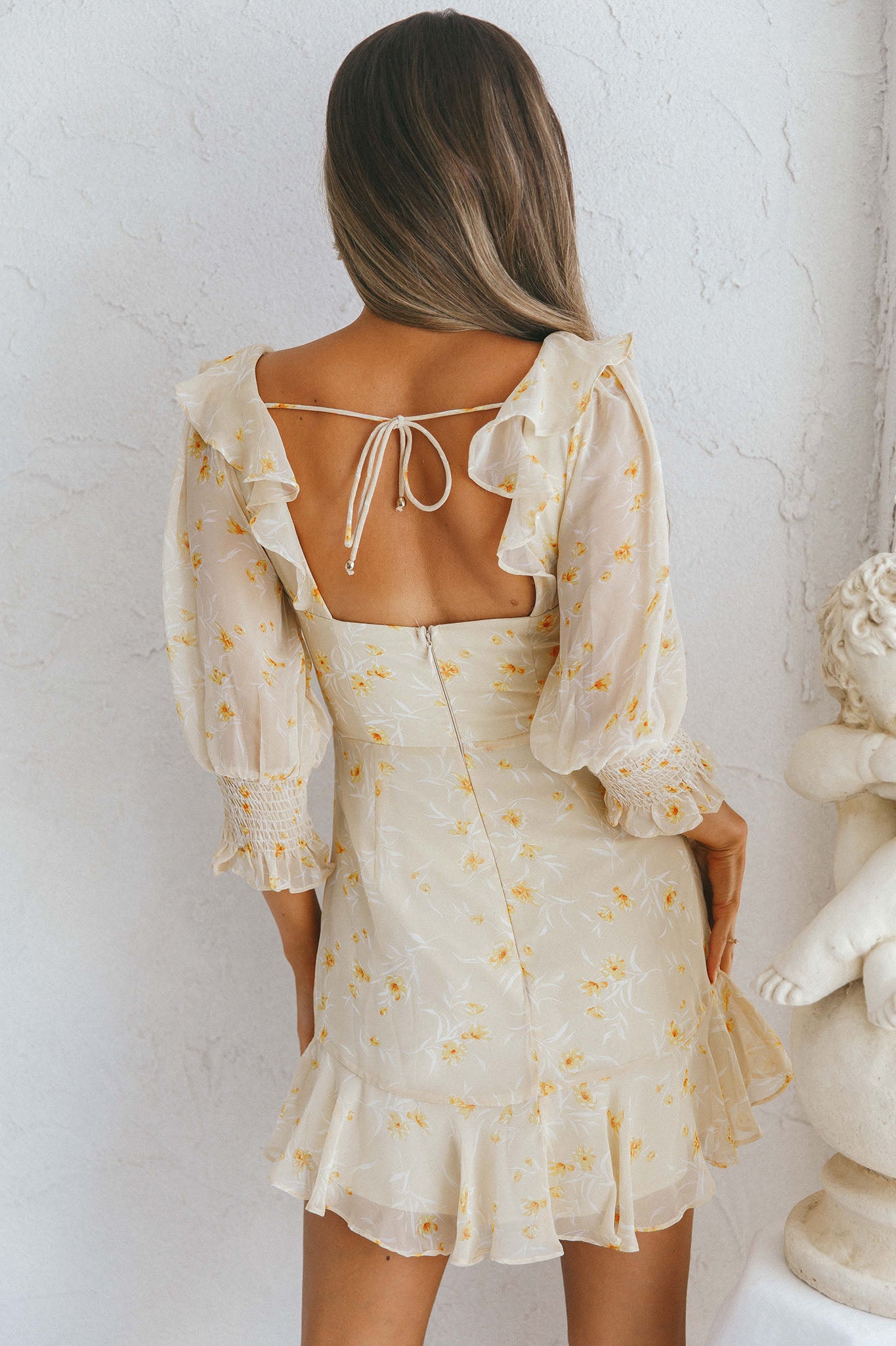 Desiree Sweetheart Neckline Shirred Cuff Frill Dress Floral Print Yellow by Selfie Leslie